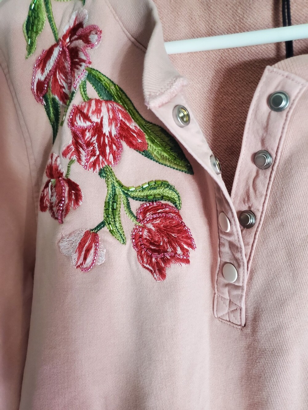 Floral Embroidered Pink Short-Sleeve Henley Top Twirly Tulips Crystal Rose - Picture 4 of 13